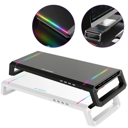Aluminum RGB Monitor Stand Riser Bracket with 4 USB Ports Desk Organizer All-In-One Computer Laptop Height Stand Holder