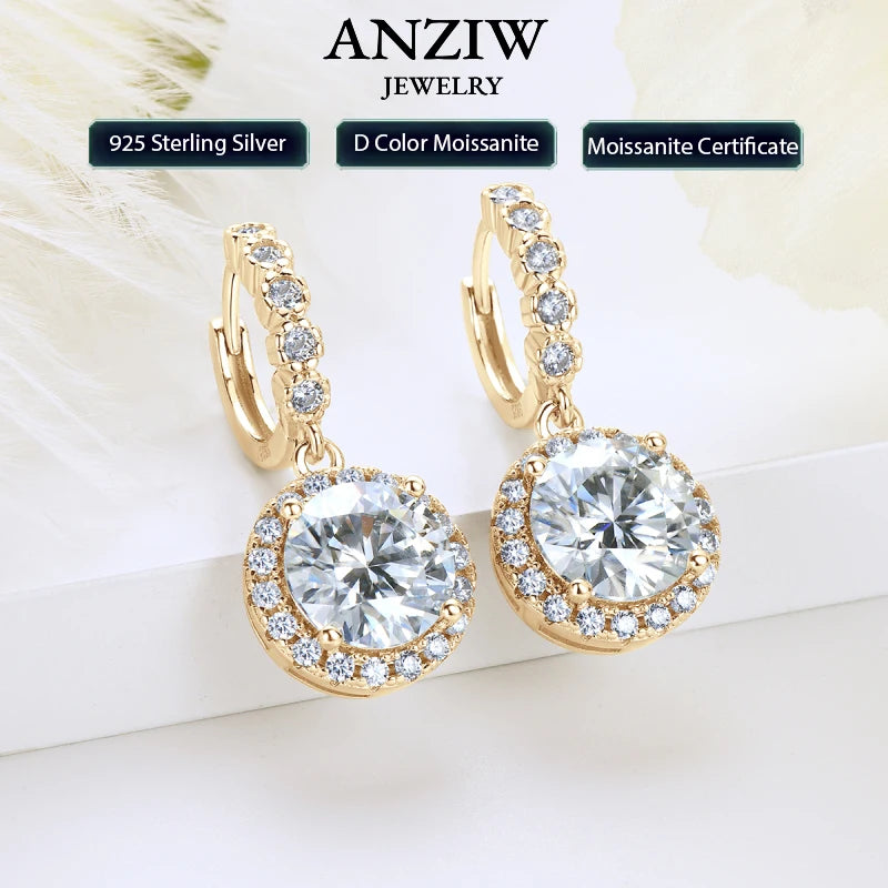 Anziw Real Sparkling 3.0 Ct D Moissanite Drop Hoop Earrings 100% 925 Silver Gold Plated 2.0ct Hanging Earring For Women Jewelry