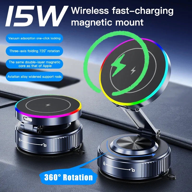 15W Vacuum Suction Cooling Magnetic Wireless Charger Car Phone Holder Mount 360 Rotatable Compatible with Smartphones for iPhone