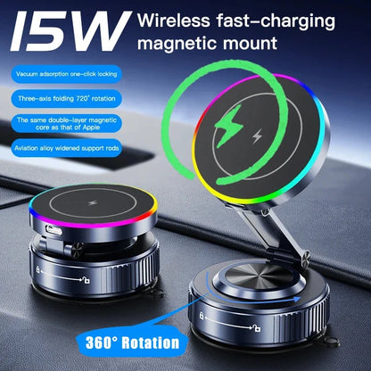15W Vacuum Suction Cooling Magnetic Wireless Charger Car Phone Holder Mount 360 Rotatable Compatible with Smartphones for iPhone