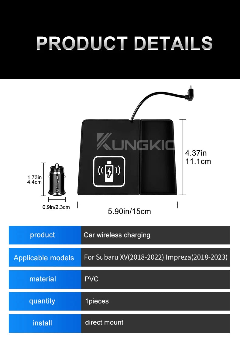 For Subaru XV Impreza 2018 2019 2020 2021 2022 15W Car Wireless Charger Mobile Phone Fast Charging Holder PVC