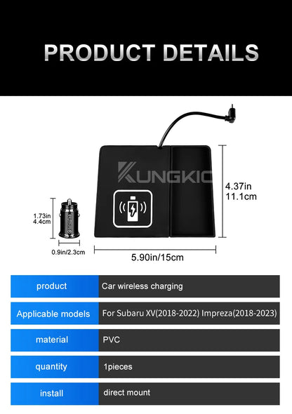 For Subaru XV Impreza 2018 2019 2020 2021 2022 15W Car Wireless Charger Mobile Phone Fast Charging Holder PVC