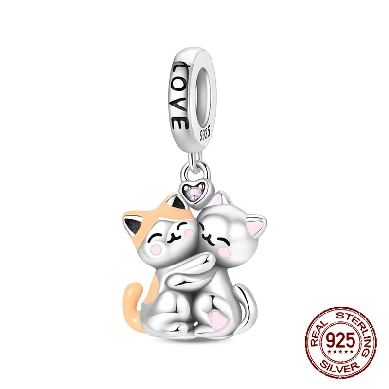 Cute Cat Hug Charms 925 Sterling Silver Pet Embracing Design Pendant Fit Original Charm Bracelets Women DIY Jewelry Gift