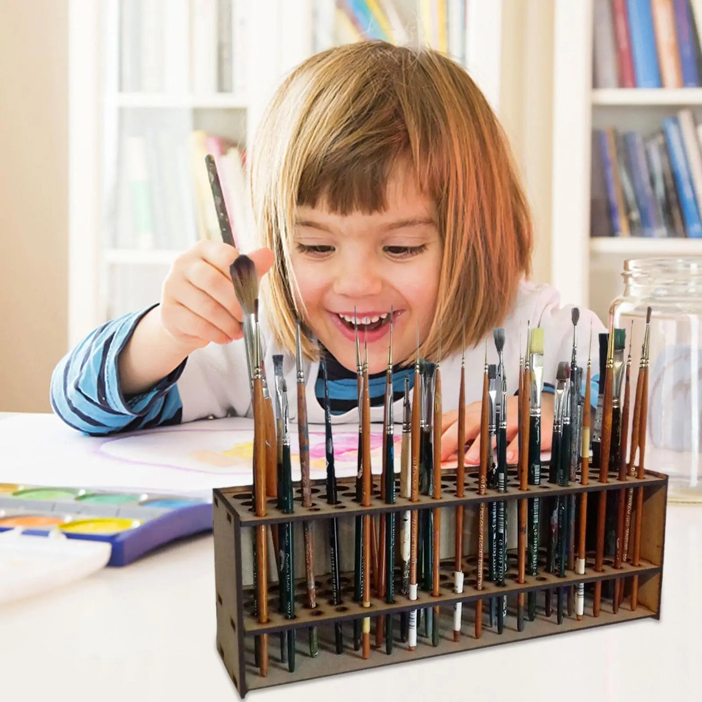 67Holes Wall Mount Premium Wooden Brush Holder Artist Desk Organizer Pencil Paint Brushes Display Storage Box Paint Brush Holder