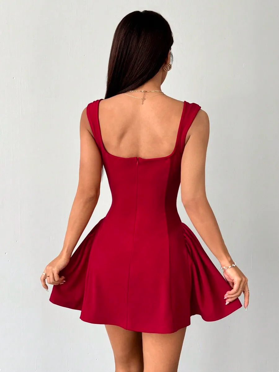 Women's Red Square Neck Mini Dress with Flared Skirt, Stretchy Fit for Party or Festival