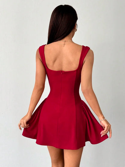 Women's Red Square Neck Mini Dress with Flared Skirt, Stretchy Fit for Party or Festival