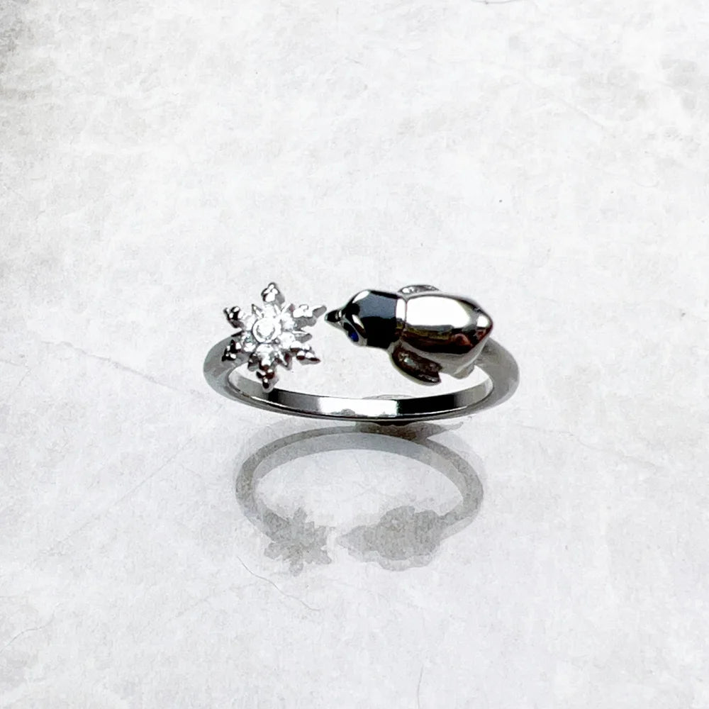Ring Snowflakes and Penguin Europe Style Cute Fine Jewelry For Women Brand New Pure 925 Sterling Silver Gift