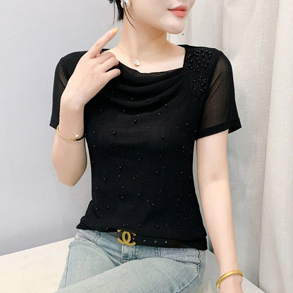 Korean Fashion Hot Diamond T Shirt Summer Casual Skew Neck Mesh Tops Beaded Short Sleeve Women Tees