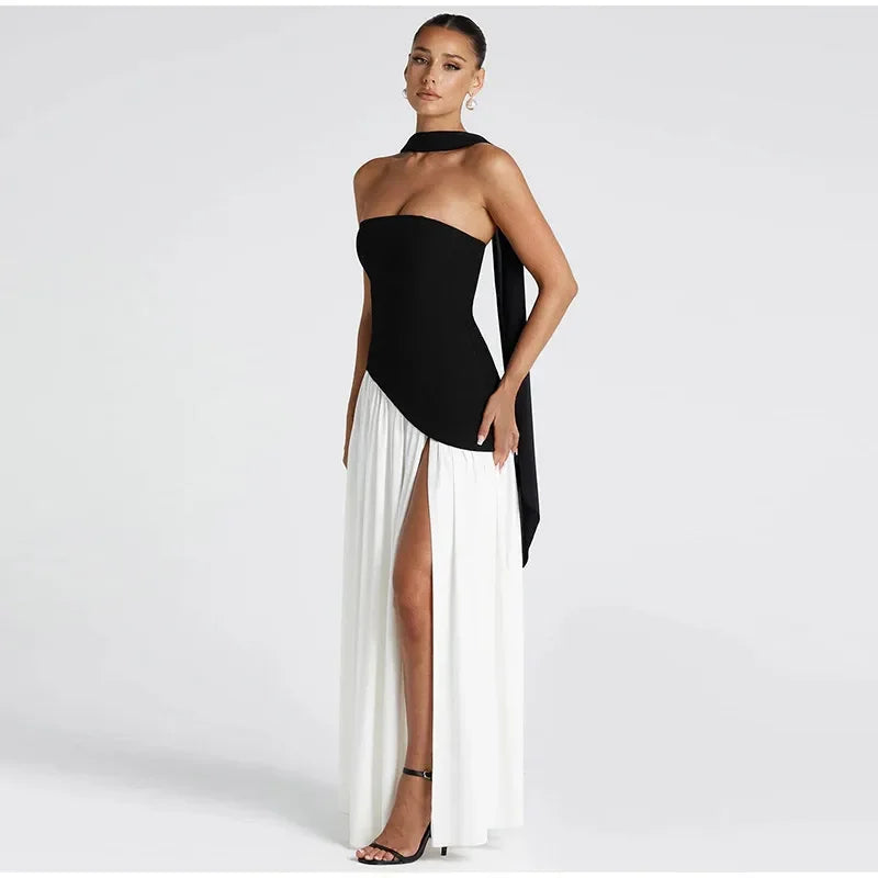 Elegant Off-shoulder Strapless Yellow Long Dresses 2025 Summer Party Dress Women Pleat Scarf Neck Holiday Evening Lady Vestidos