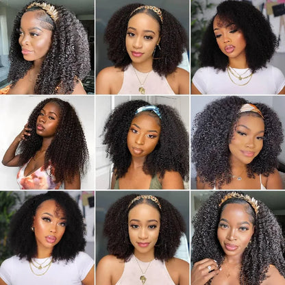 16 Inch 3 IN 1 Half Wig With Drawstring Seamless Human hair Wig Kinky Curly Headband Wig Upgrade for Women Summer Machine Wigs