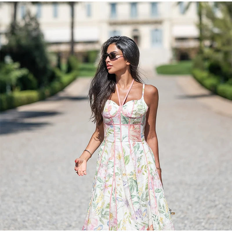 Women Elegant Printed Halter Long Sling Dress Sexy V-neck Sleeveless High Waist Slim A-line Dresses Lady Evening Party Dress