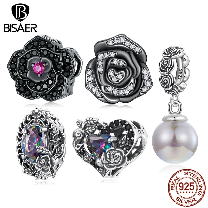 BISAER 925 Sterling Silver Vintage Dark Rose Charm Bead Black Rose Pendant for Women DIY Bracelet & Necklace Fine Jewelry