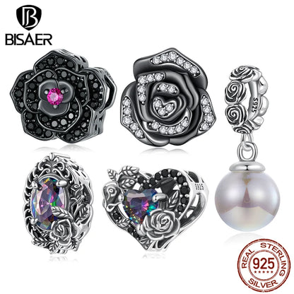 BISAER 925 Sterling Silver Vintage Dark Rose Charm Bead Black Rose Pendant for Women DIY Bracelet & Necklace Fine Jewelry