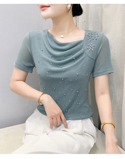 Korean Fashion Hot Diamond T Shirt Summer Casual Skew Neck Mesh Tops Beaded Short Sleeve Women Tees