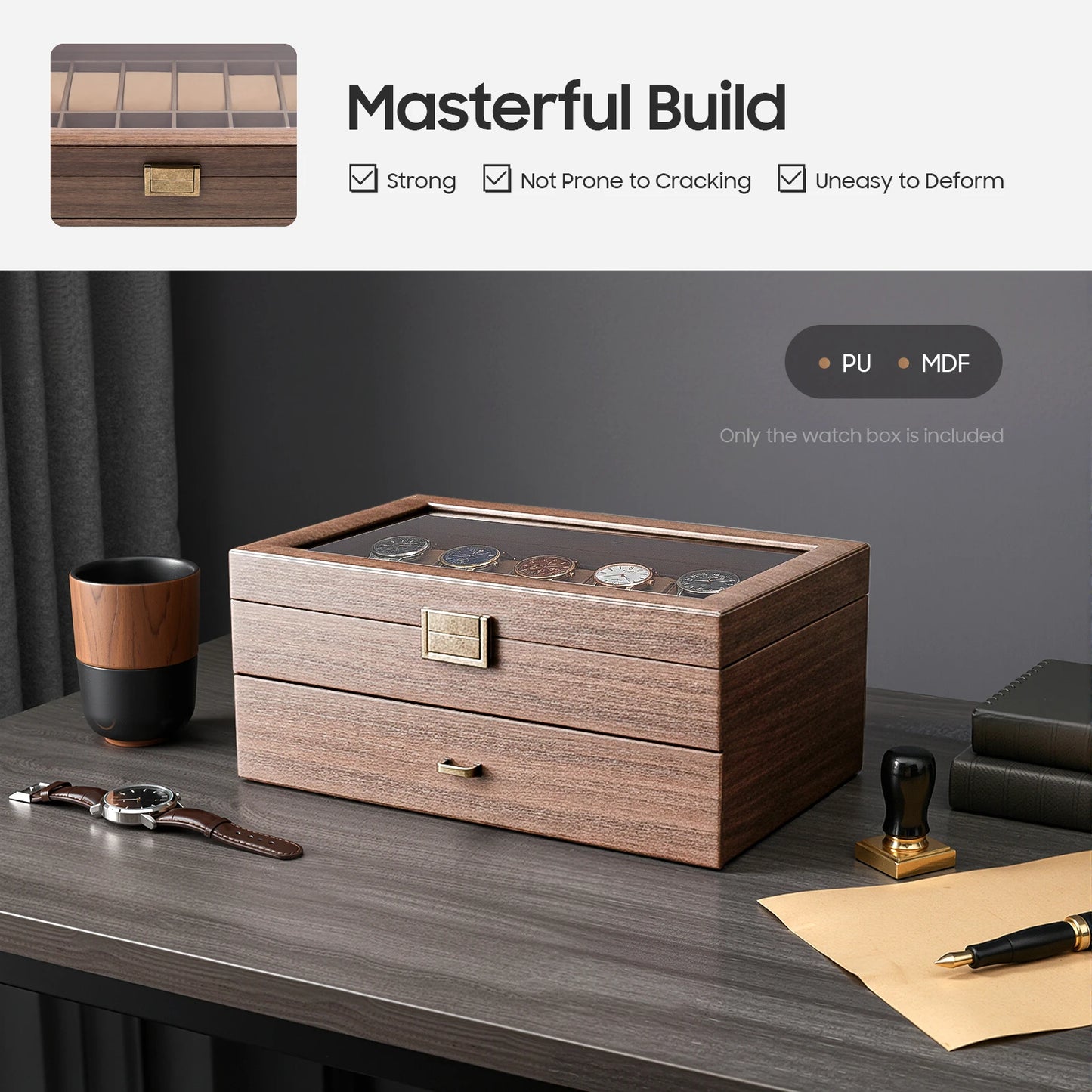 Watch Box, 2 Layers 24 Compartments, Watch Display Case with Transparent Window Veneer,Watch Box Organizer, Wooden W