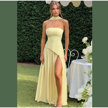 Elegant Off-shoulder Strapless Yellow Long Dresses 2025 Summer Party Dress Women Pleat Scarf Neck Holiday Evening Lady Vestidos