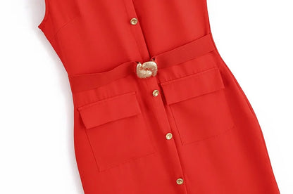 MUJER 2025 Women's Dress Summer Sleeveless Midi Dress Woman Red Black Office Long Dresses for Women Chic Belt Button Dress Women