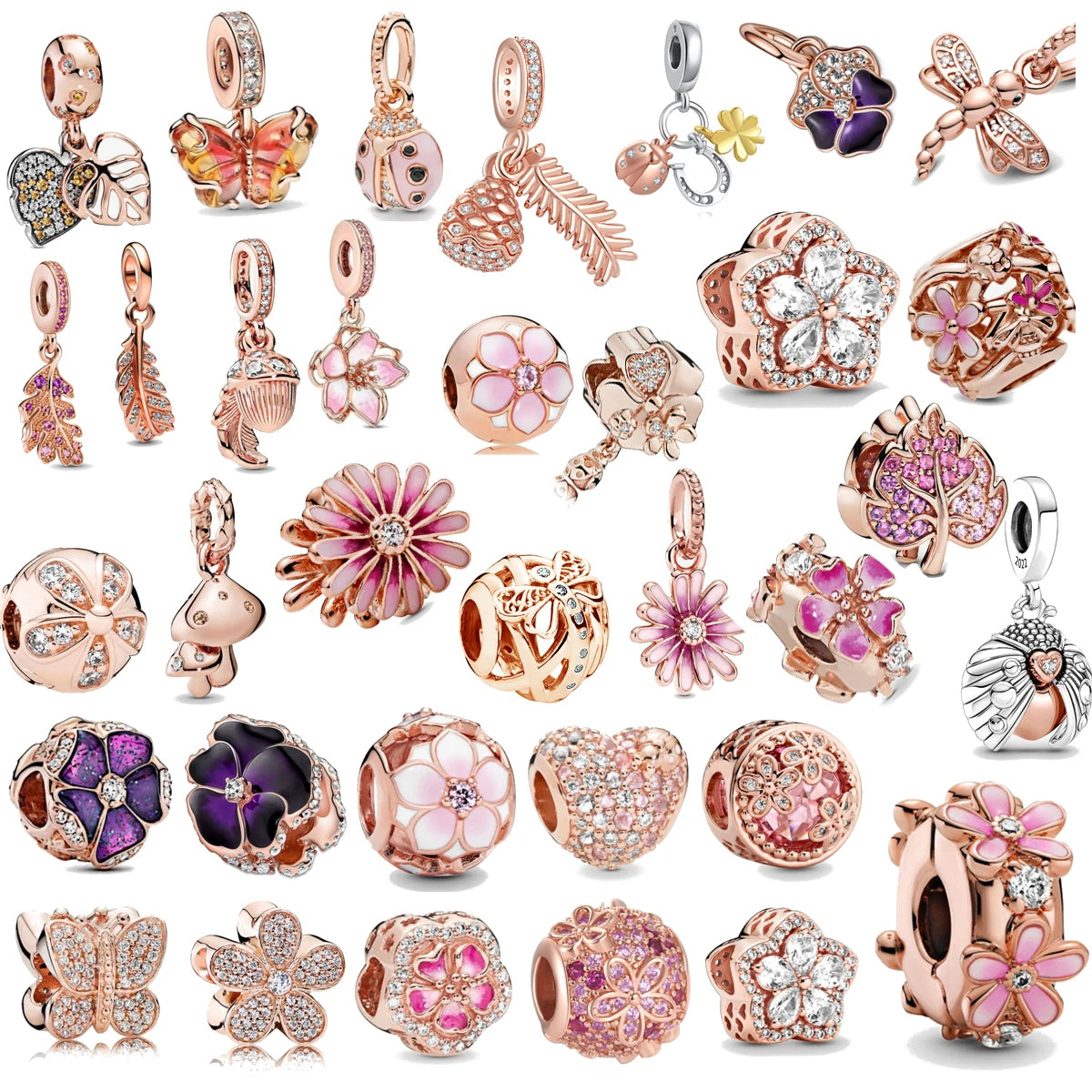 Rose Gold Fine Plated Pink Clip Dasiy Butterfly Dragonfly DIY Charms Fit Original Sterling Silver 925 Bracelet For Women Jewelry