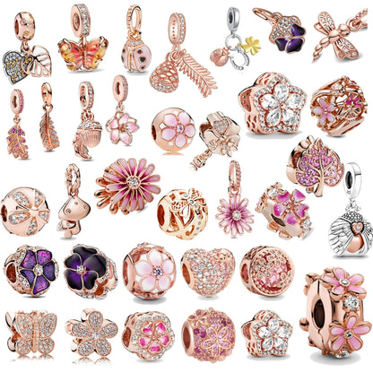 Rose Gold Fine Plated Pink Clip Dasiy Butterfly Dragonfly DIY Charms Fit Original Sterling Silver 925 Bracelet For Women Jewelry