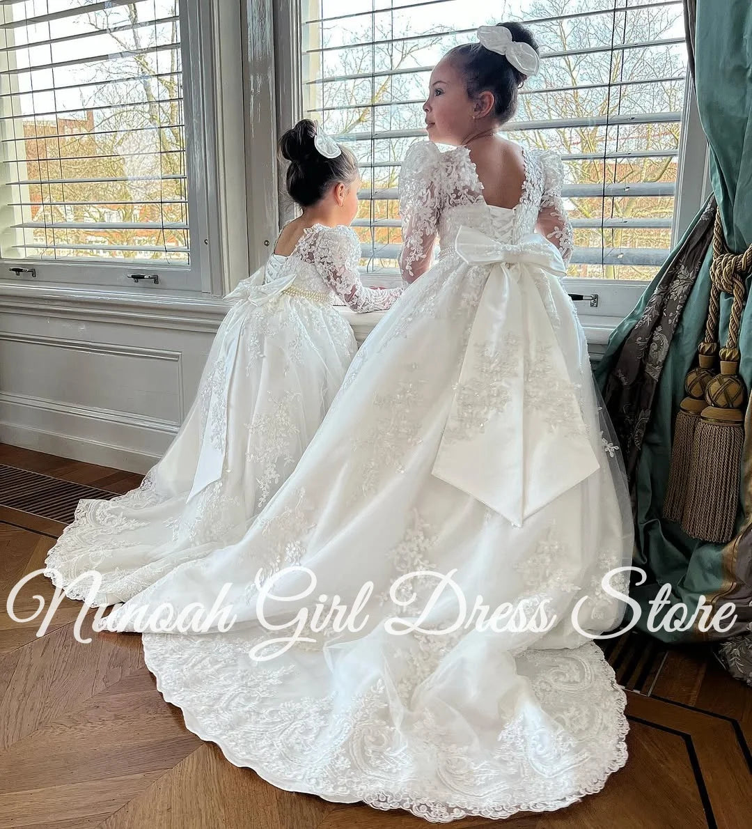 White Flower Girl Dresses for Wedding Bow Lace Appliques Floor Length Girls Kids Birthday Party Communion Party Gowns Customized