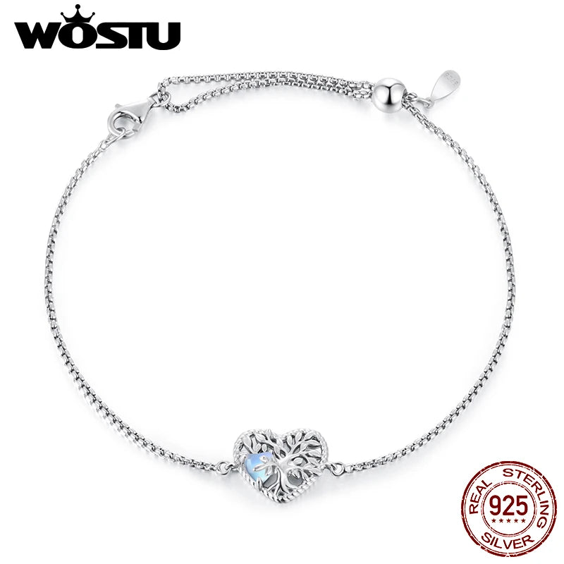 WOSTU 925 Silver Heart Shaped Tree of Life Pendant with Moonstone, Adjustable Chain Links for Women Valentine's Day Xmas Gift