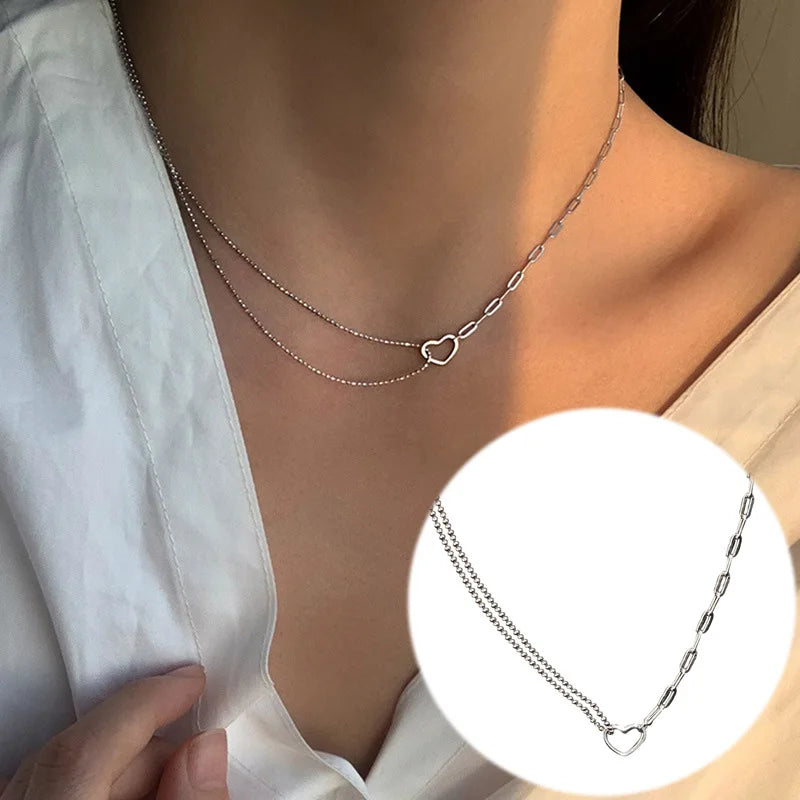 Silver Color Love Asymmetric Chain Necklace for Women Sweet Temperament Party Jewelry 925 Stamp Gifts Dropship