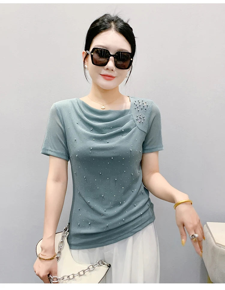 Korean Fashion Hot Diamond T Shirt Summer Casual Skew Neck Mesh Tops Beaded Short Sleeve Women Tees