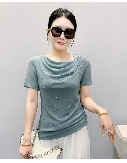 Korean Fashion Hot Diamond T Shirt Summer Casual Skew Neck Mesh Tops Beaded Short Sleeve Women Tees