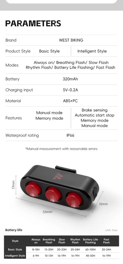 WEST BIKING Bike Taillight IP66 Waterproof Smart Brake Sensing Rear Light Auto Start/Stop LED Cycling Taillight Bike Accessories