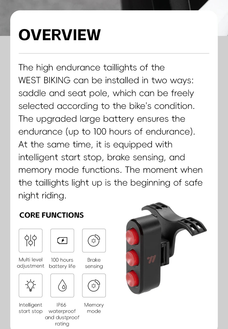 WEST BIKING Bike Taillight IP66 Waterproof Smart Brake Sensing Rear Light Auto Start/Stop LED Cycling Taillight Bike Accessories
