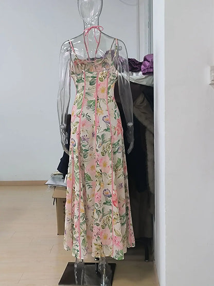 Women Elegant Printed Halter Long Sling Dress Sexy V-neck Sleeveless High Waist Slim A-line Dresses Lady Evening Party Dress