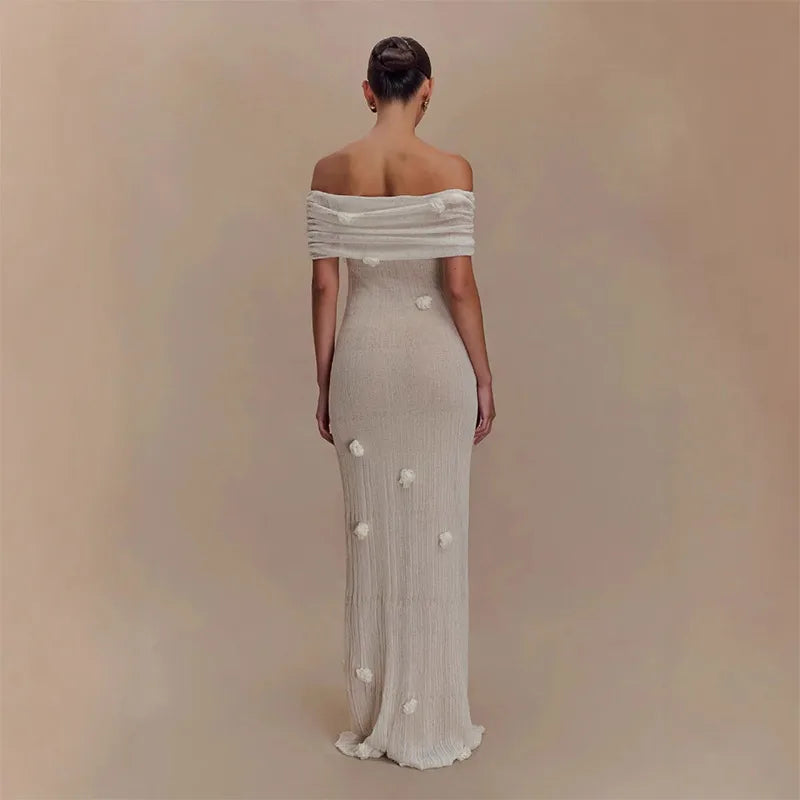 Chic 3D Flower Sleeveless Slim Maxi Dress Elegant Off Shoulder Knitted Long Dresses for Women 2025 Spring New Evening Party Robe