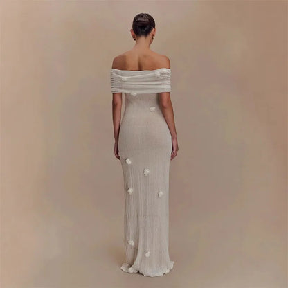 Chic 3D Flower Sleeveless Slim Maxi Dress Elegant Off Shoulder Knitted Long Dresses for Women 2025 Spring New Evening Party Robe