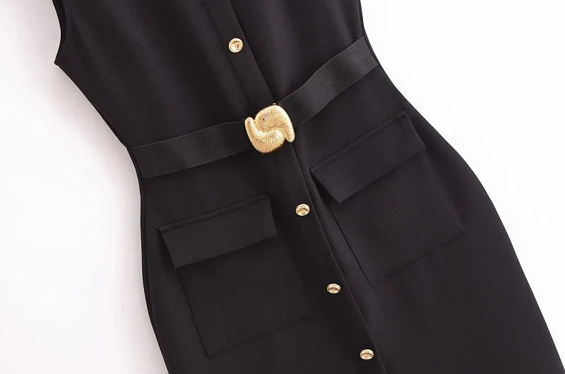 MUJER 2025 Women's Dress Summer Sleeveless Midi Dress Woman Red Black Office Long Dresses for Women Chic Belt Button Dress Women