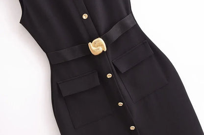 MUJER 2025 Women's Dress Summer Sleeveless Midi Dress Woman Red Black Office Long Dresses for Women Chic Belt Button Dress Women