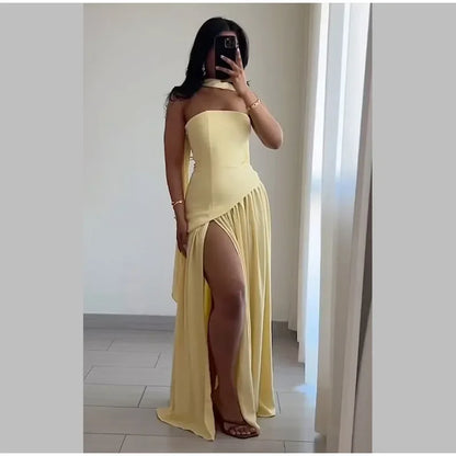 Elegant Off-shoulder Strapless Yellow Long Dresses 2025 Summer Party Dress Women Pleat Scarf Neck Holiday Evening Lady Vestidos
