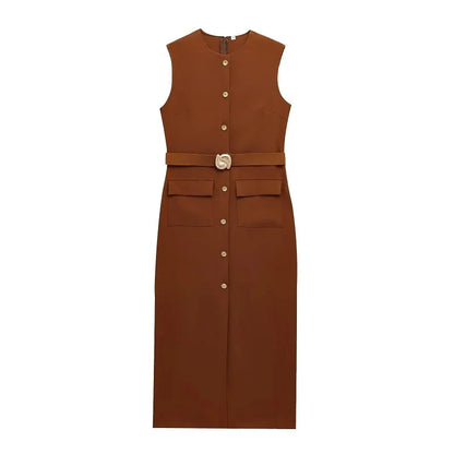 MUJER 2025 Women's Dress Summer Sleeveless Midi Dress Woman Red Black Office Long Dresses for Women Chic Belt Button Dress Women