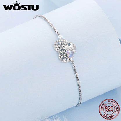 WOSTU 925 Silver Heart Shaped Tree of Life Pendant with Moonstone, Adjustable Chain Links for Women Valentine's Day Xmas Gift