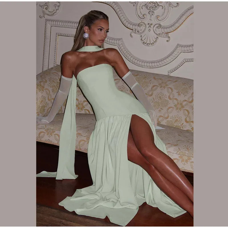 Elegant Off-shoulder Strapless Yellow Long Dresses 2025 Summer Party Dress Women Pleat Scarf Neck Holiday Evening Lady Vestidos