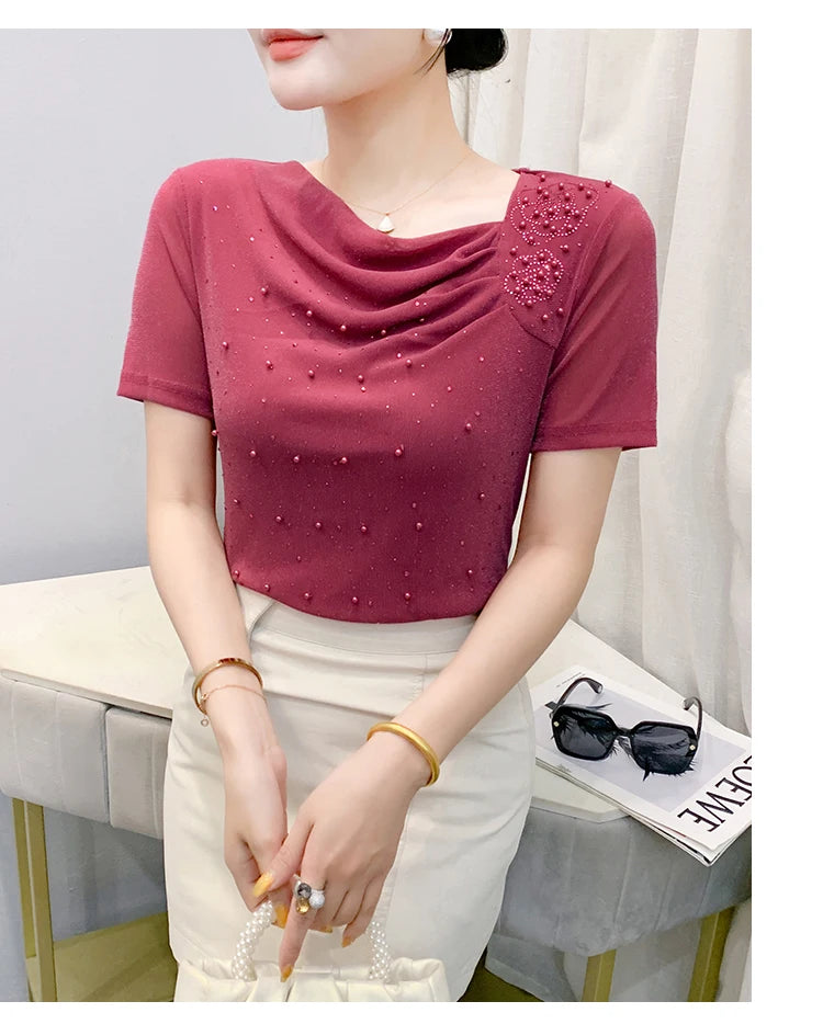 Korean Fashion Hot Diamond T Shirt Summer Casual Skew Neck Mesh Tops Beaded Short Sleeve Women Tees