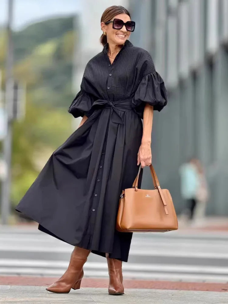 DEAT 2025 new autumn fashion clothing stand collar three quarter sleeves pleated waist belt long dress cotton vestido