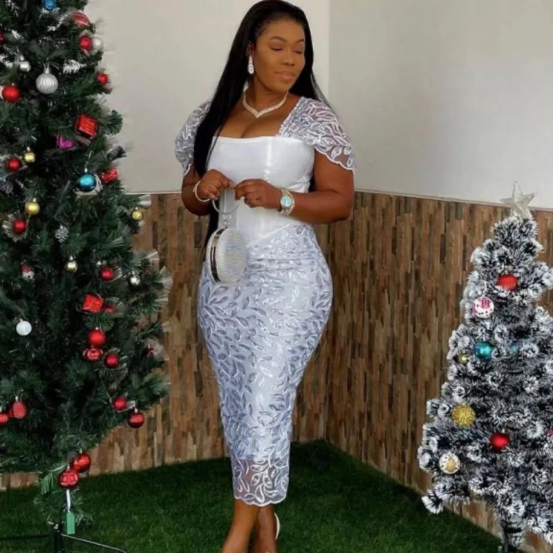 White Short Sleeve Lace Dresses For Women 2022 African Dashiki Ankara Robe Wedding Evening Dress Vestidos Africanos Outfits