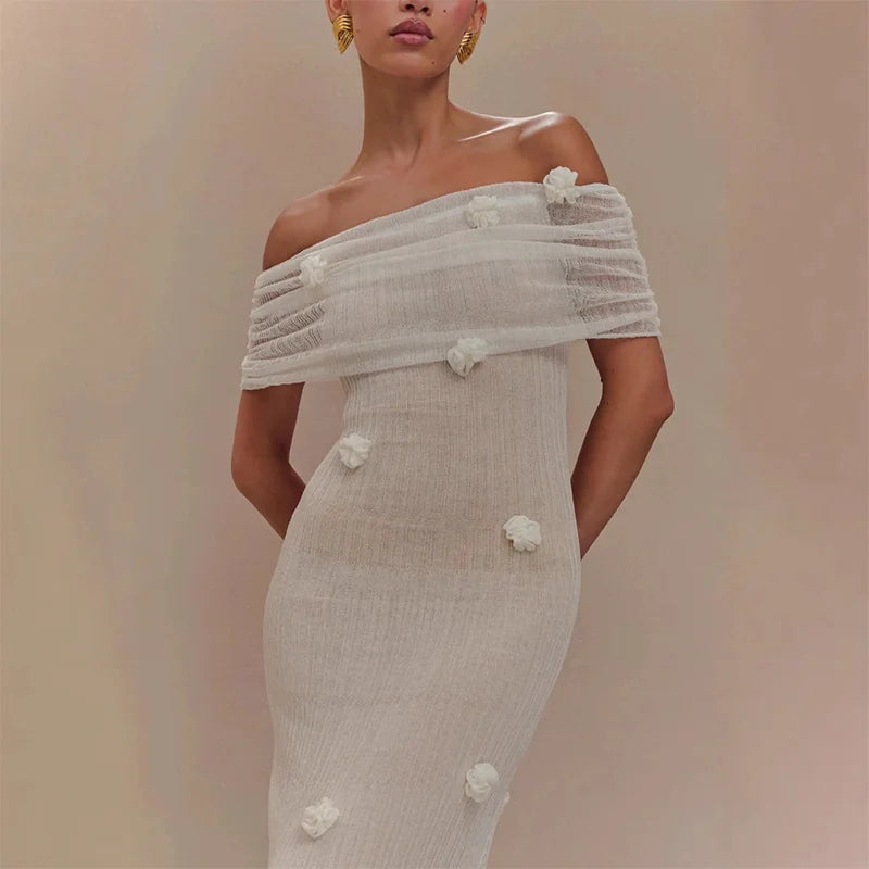 Chic 3D Flower Sleeveless Slim Maxi Dress Elegant Off Shoulder Knitted Long Dresses for Women 2025 Spring New Evening Party Robe