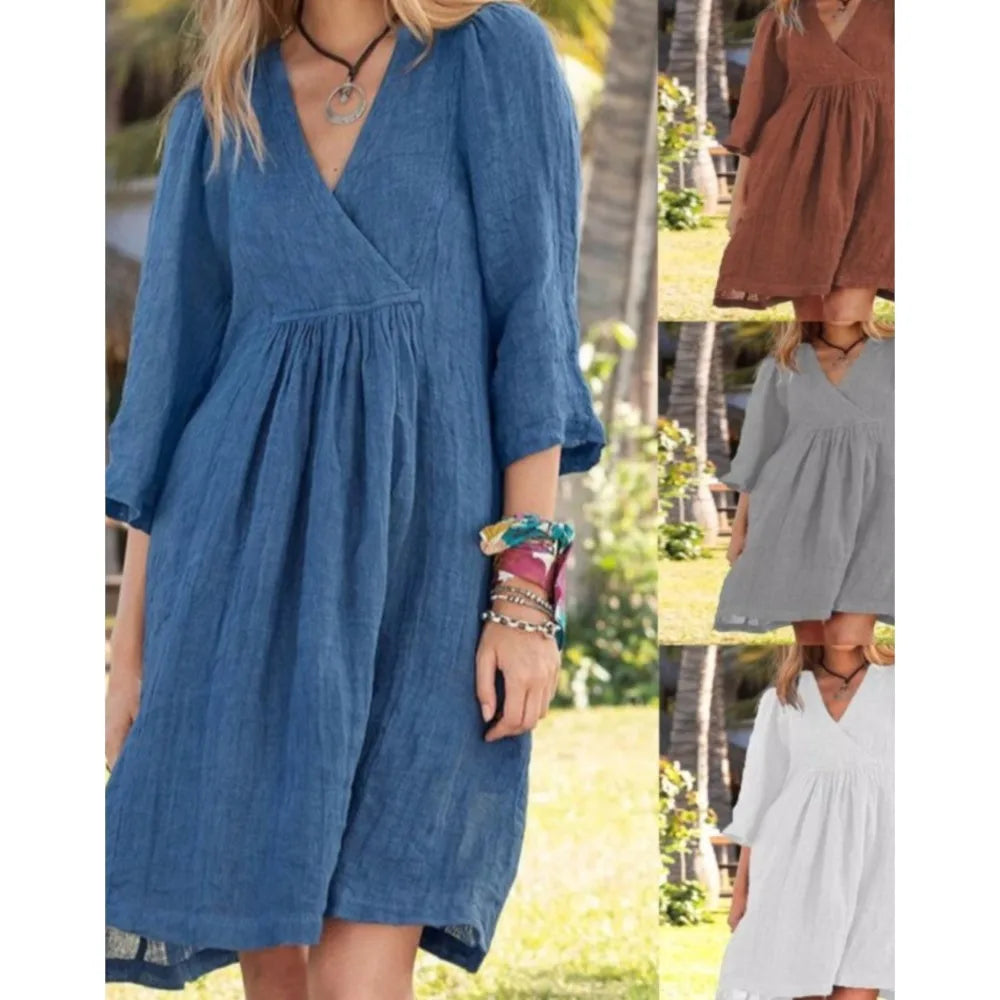 Cotton Linen Solid Color Dress Women's Spring Summer Seven Quarter Sleeve Sexy V-neck Casual Loose Mid Length Dress
