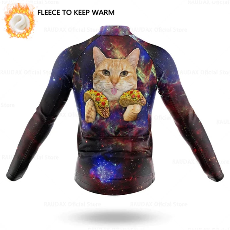 Cartoon Cat Winter Cycling Jersey Men Thermal Fleece Long Sleeve Race Sweatshirt MTB Cycling Clothing Ropa Ciclismo Bike Jacket