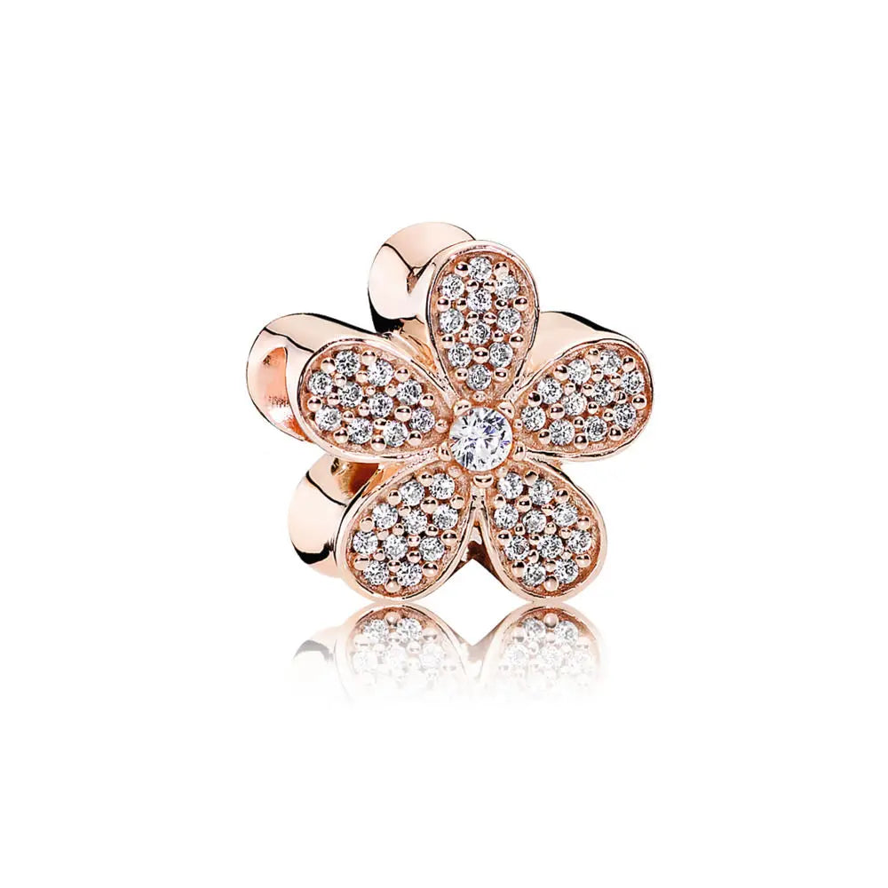 Rose Gold Fine Plated Pink Clip Dasiy Butterfly Dragonfly DIY Charms Fit Original Sterling Silver 925 Bracelet For Women Jewelry