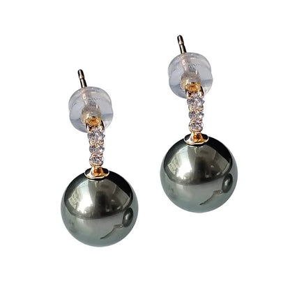 18K Yellow Gold Tahiti Pearl Drop Earrings For Women,Big Natural Black Pearl Earrings AU750 Wedding Gift Girl