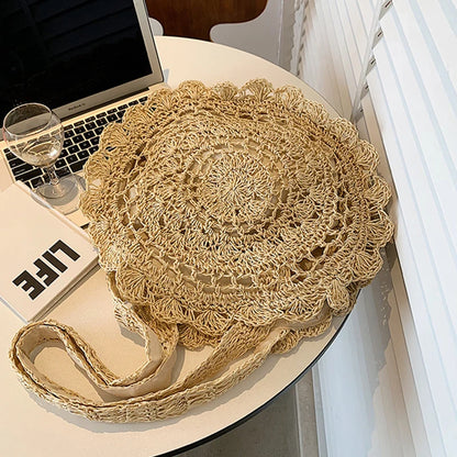 Bohemian Straw Bags for Women Circle Beach Handbags Summer Rattan Shoulder Bags Handmade Knitted Travel Big Totes Bag New