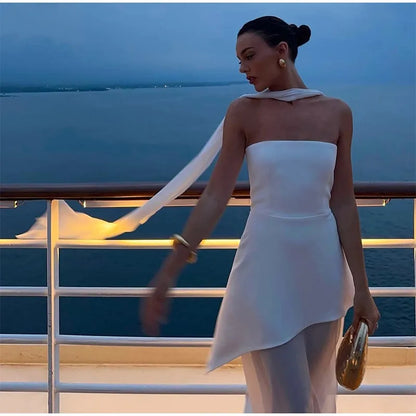 Elegant Off-shoulder Strapless Yellow Long Dresses 2025 Summer Party Dress Women Pleat Scarf Neck Holiday Evening Lady Vestidos