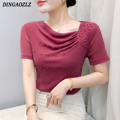 Korean Fashion Hot Diamond T Shirt Summer Casual Skew Neck Mesh Tops Beaded Short Sleeve Women Tees